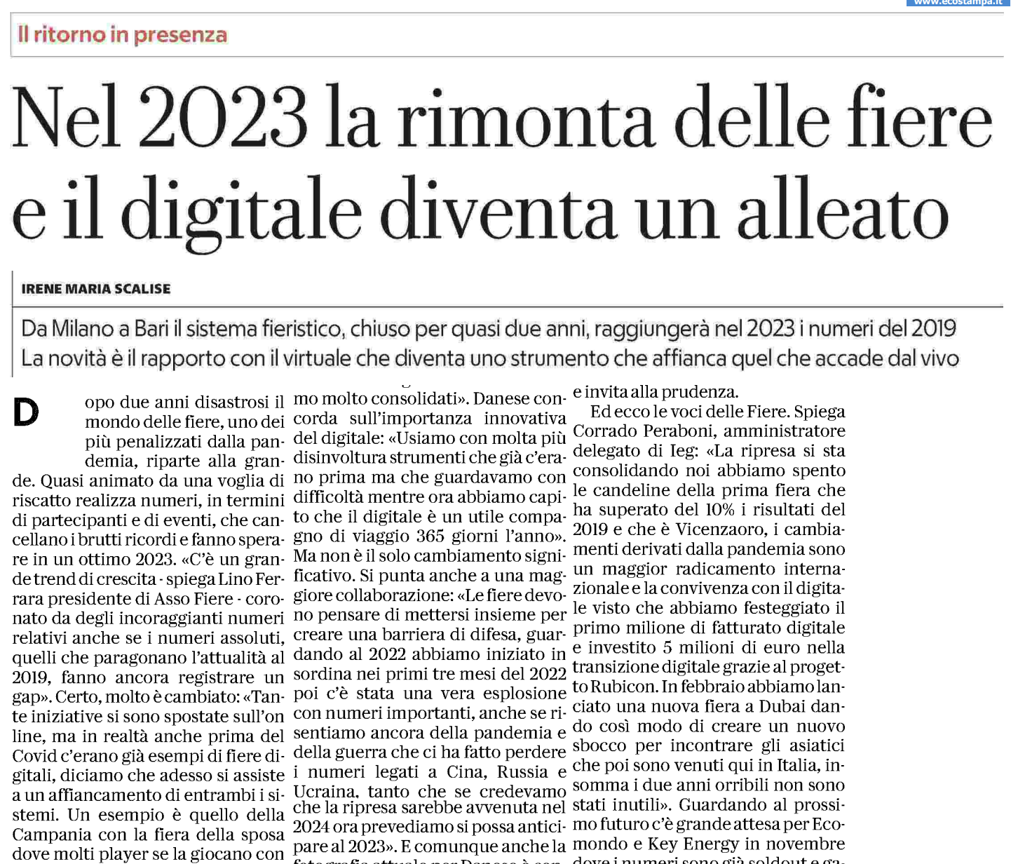Scopri di più sull'articolo La Repubblica Affari e Finanza – Nel 2023 la rimonta delle fiere e il digitale diventa un alleato