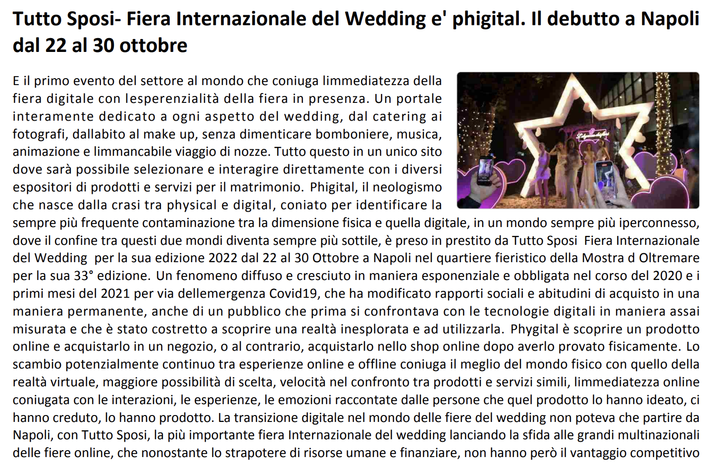 Scopri di più sull'articolo Tutto Sposi‐ Fiera Internazionale del Wedding è phigital. Il debutto a Napoli dal 22 al 30 ottobre – ADCGroup.it