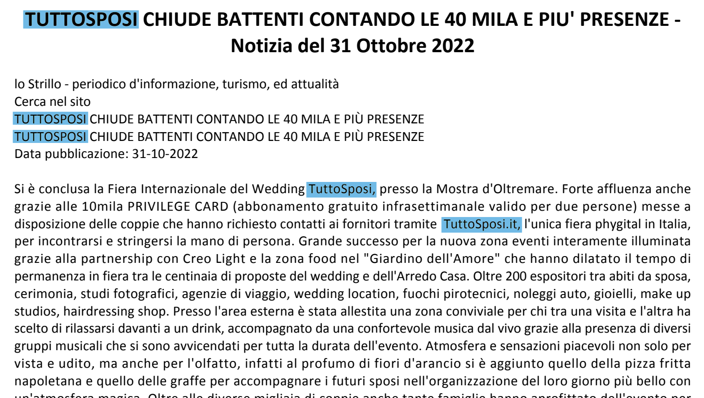 Scopri di più sull'articolo TUTTOSPOSI CHIUDE BATTENTI CONTANDO LE 40 MILA E PIU’ PRESENZE – Lostrillo