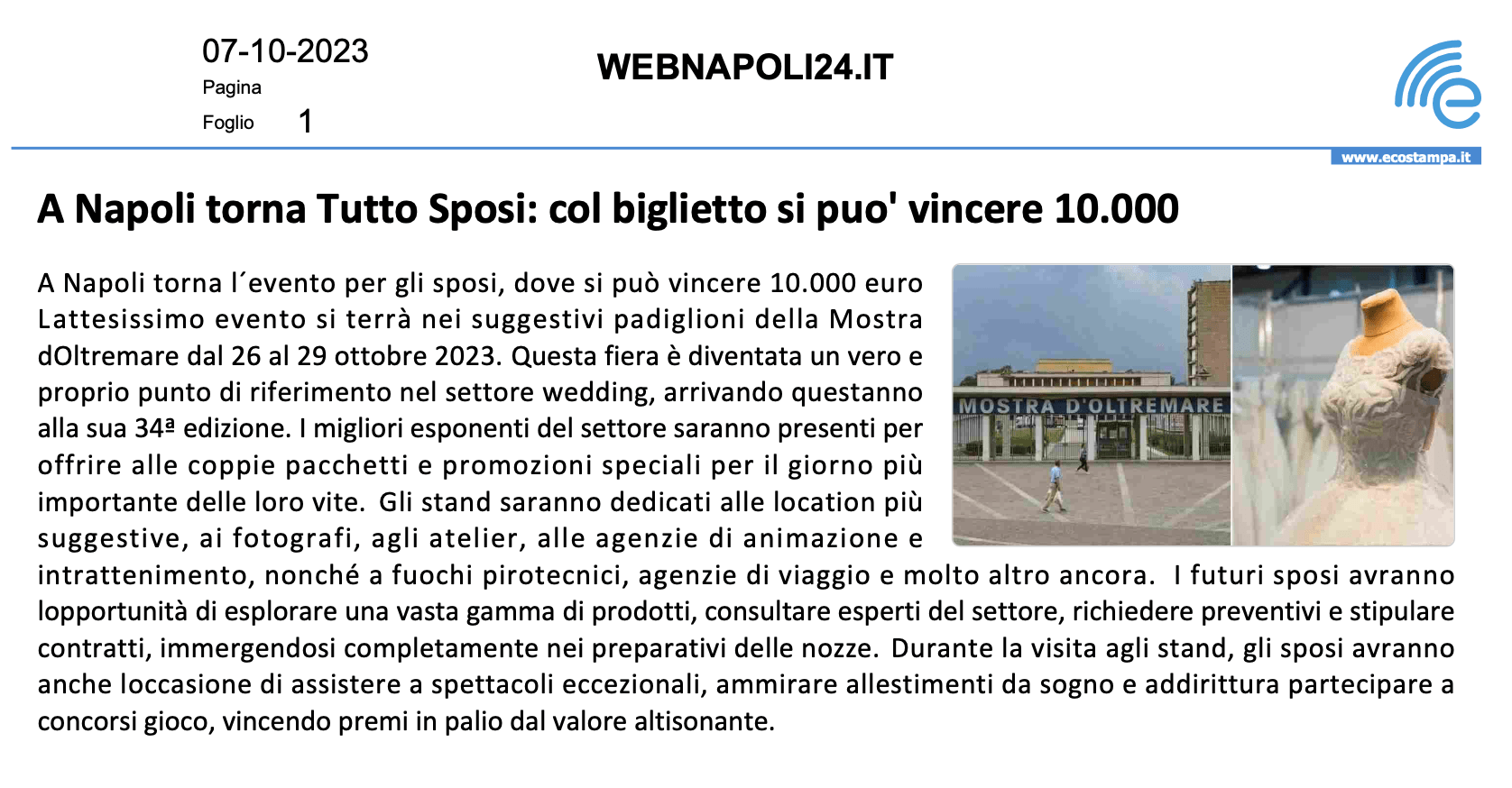 Scopri di più sull'articolo A Napoli torna Tutto Sposi: col biglietto si puo’ vincere 10.000