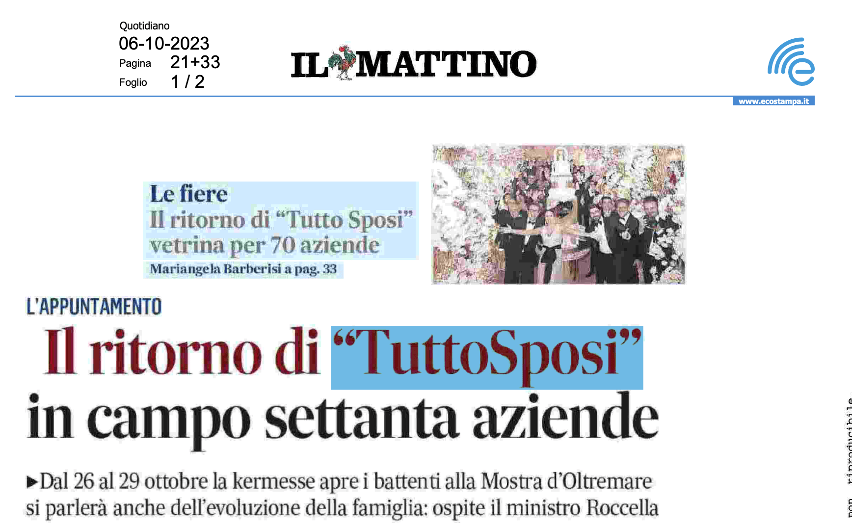 Scopri di più sull'articolo Il ritorno di”TuttoSposi”in campo 70 aziende