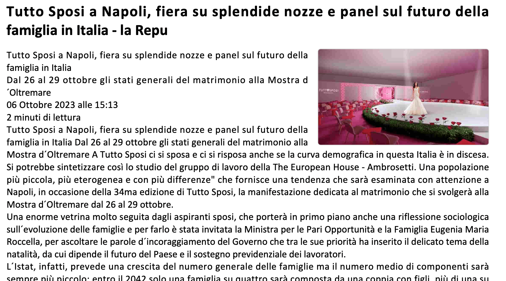 Scopri di più sull'articolo Tutto Sposi a Napoli, fiera su splendide nozze e panel sul futuro della famiglia in Italia