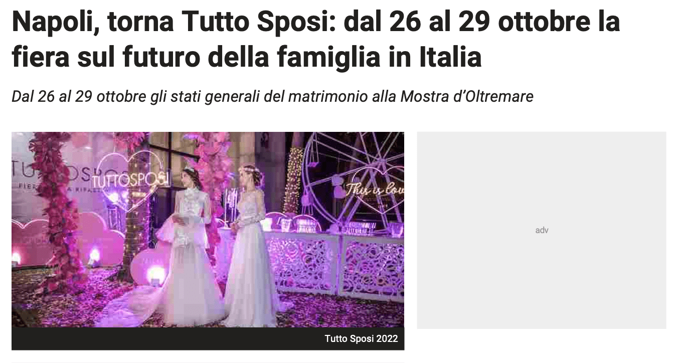Scopri di più sull'articolo Napoli, torna Tutto Sposi: dal 26 al 29 ottobre la fiera sul futuro della famiglia in Italia
